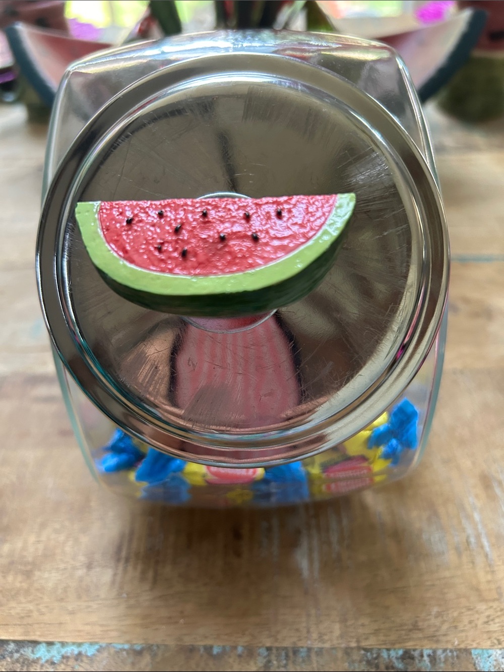 Glass Candy Jar with Watermelon Lid Accent - Pink & Green By Anchor Hocking